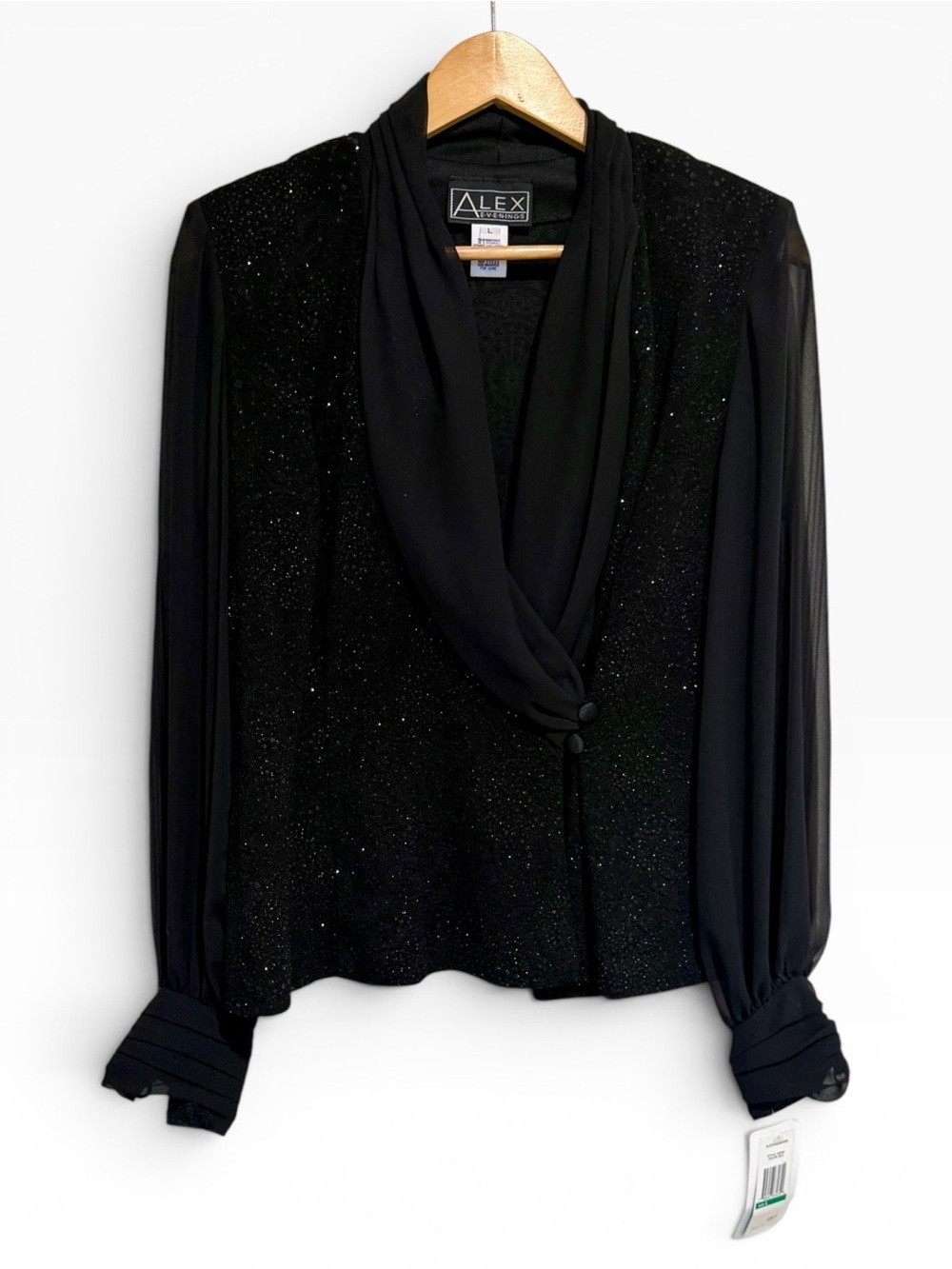 Alex Evenings Black Glitter Knit Blouse Sheer Sleeve Shawl Collar Top Size Large - Picture 2 of 6